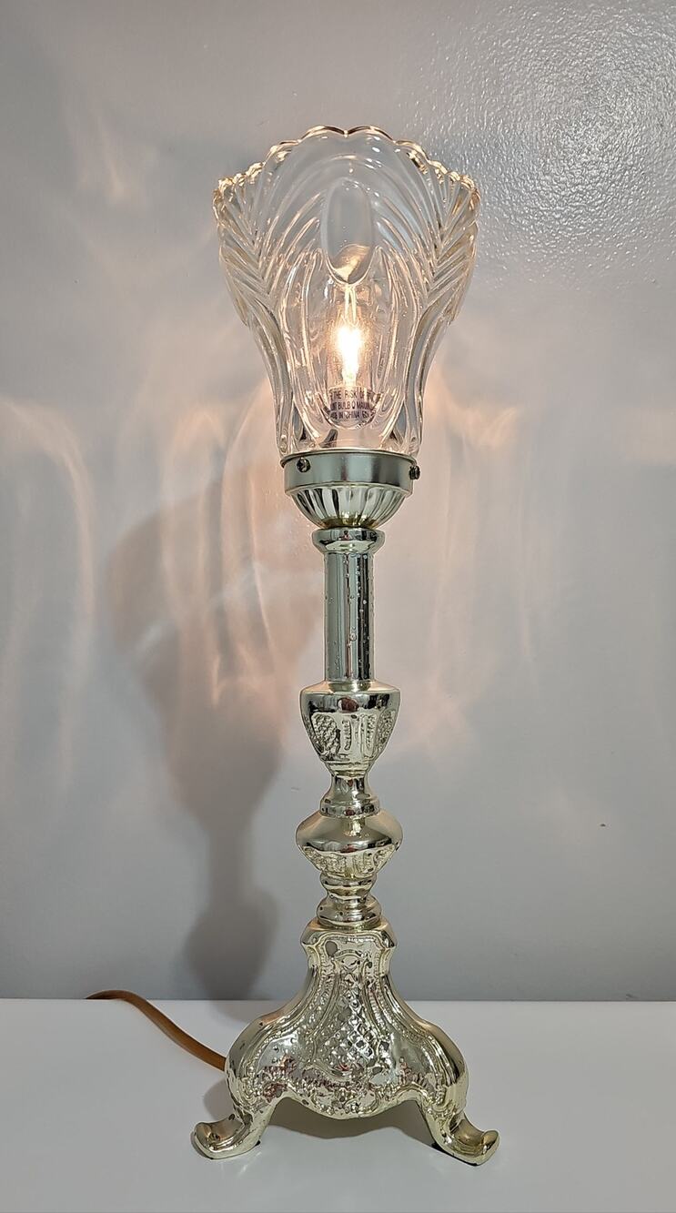 Electric Boudoir Accent Lamp Ornate Base Glass Shade Scalloped Rim